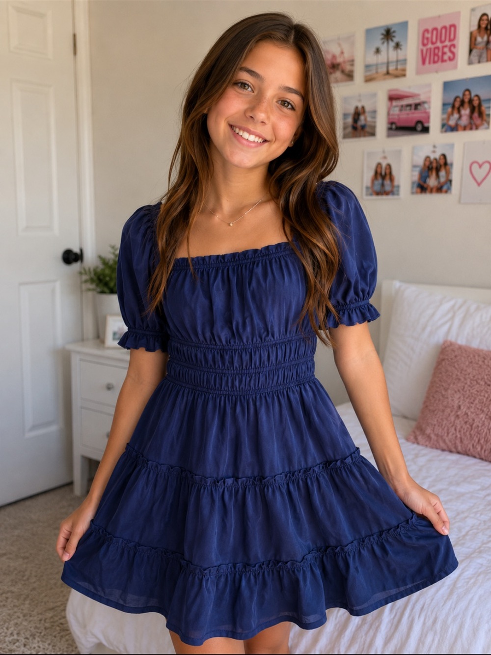 Trixxi Navy Puff-Sleeve Tiered Dress for Girls